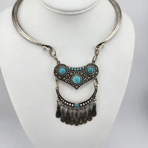 Antiqued Silver Tone‎ Faux Turquoise Collar Bib Statement Necklace